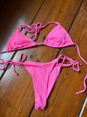 SHEIN Hot Pink Ribbed Tie-Side Triangle Bikini